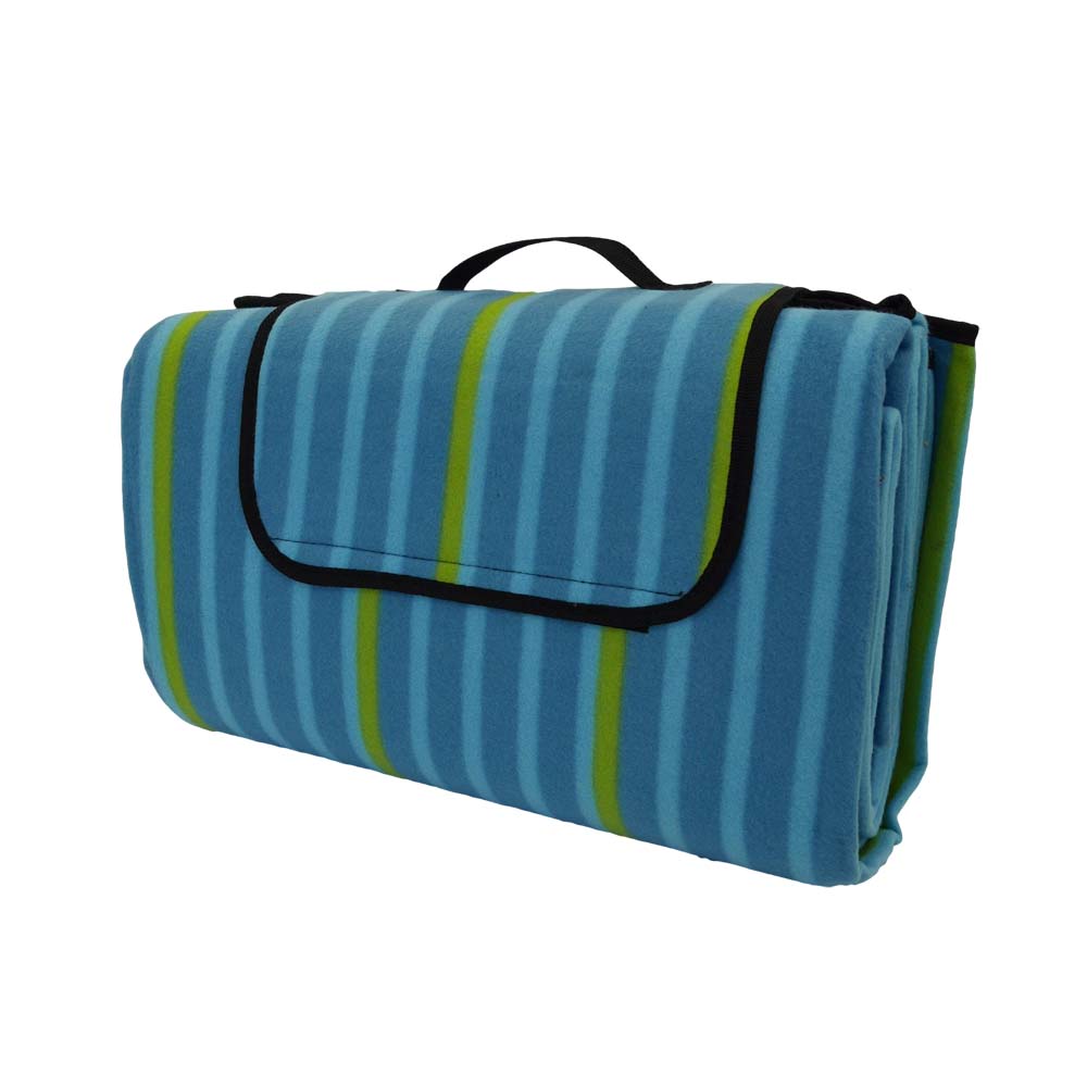 Blue and green striped picnic blanket folded for easy carrying