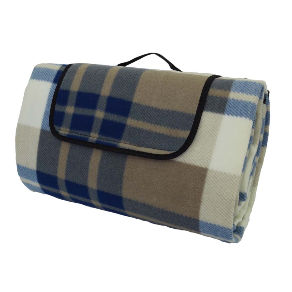 Brown and blue tartan extra large picnic rug with carry handle