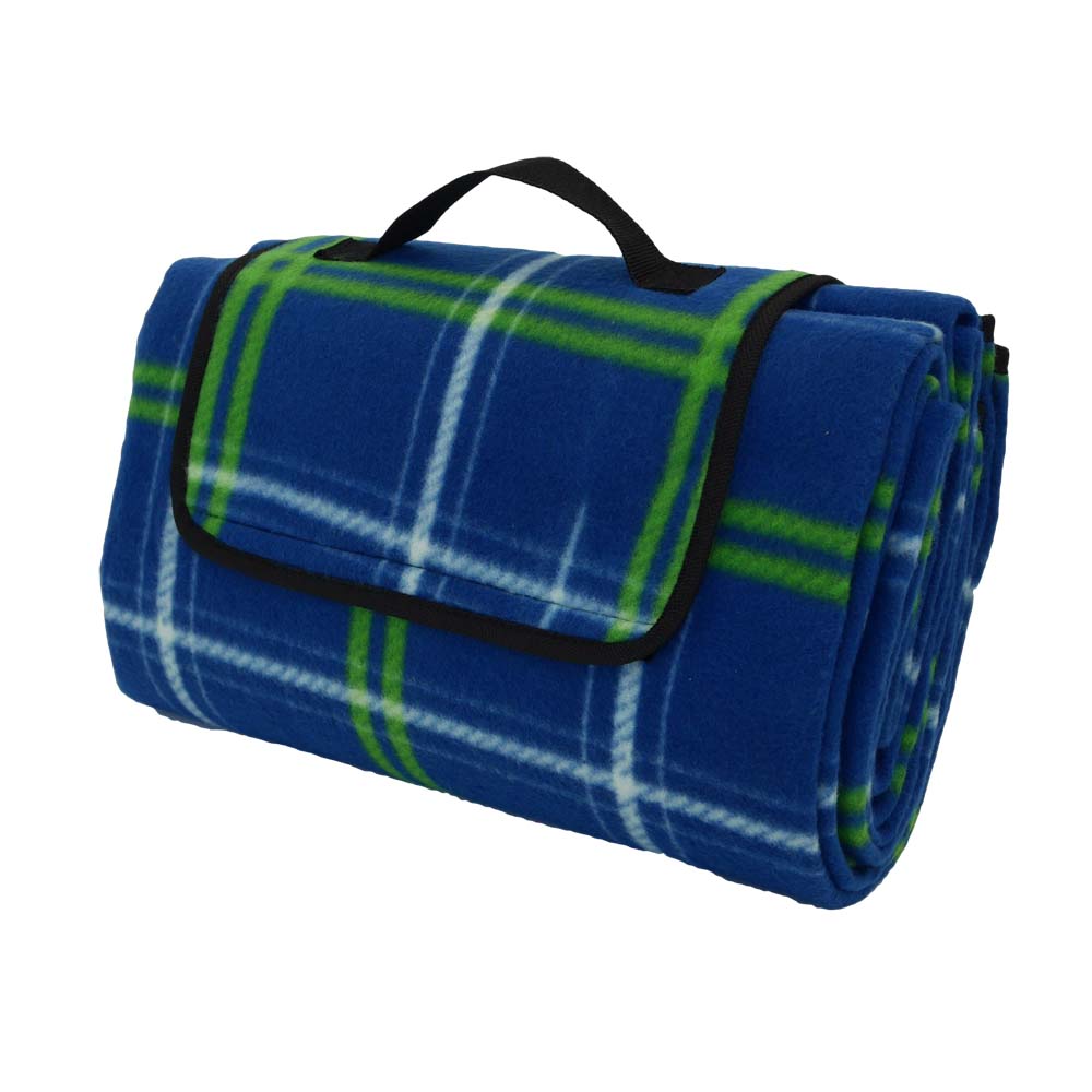 Blue and green tartan picnic blanket with black handle