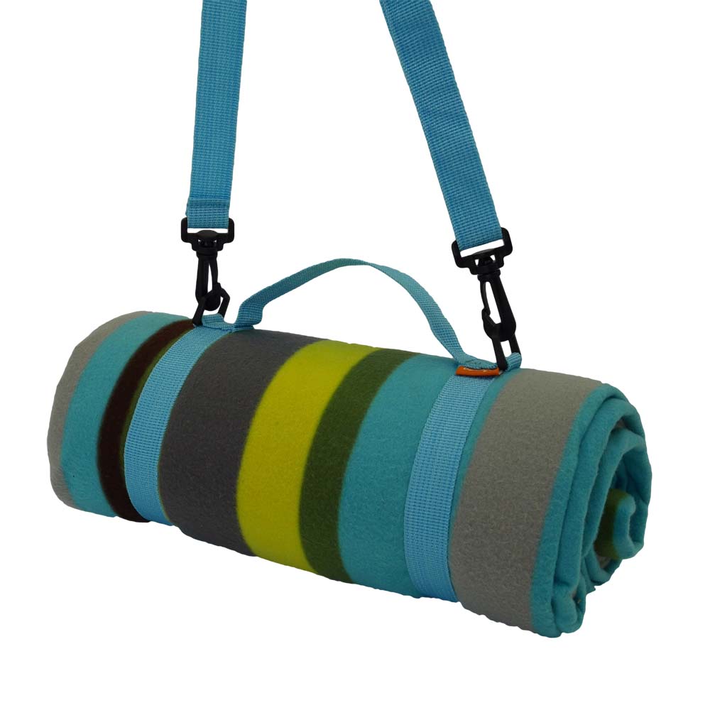 Blue, yellow and grey striped picnic rug with should strap