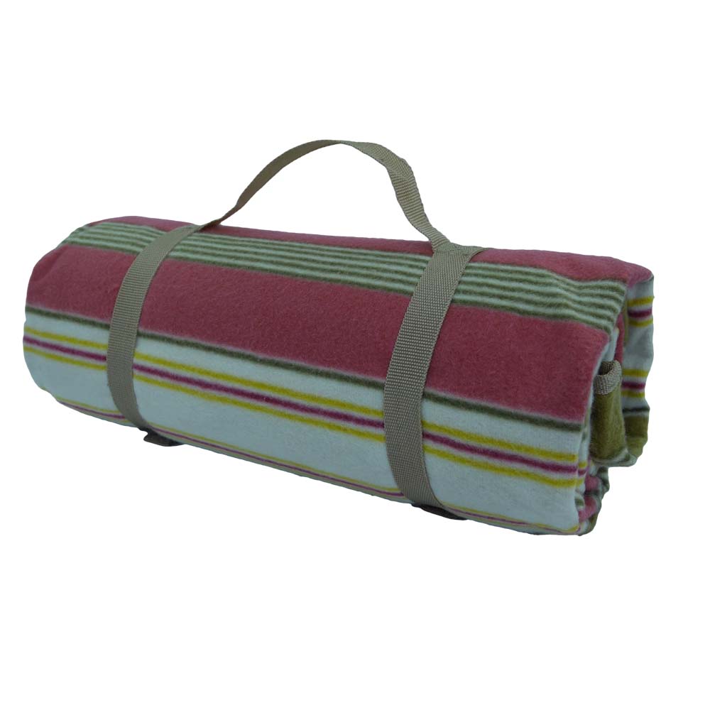 Pink striped picnic blanket with carry handle
