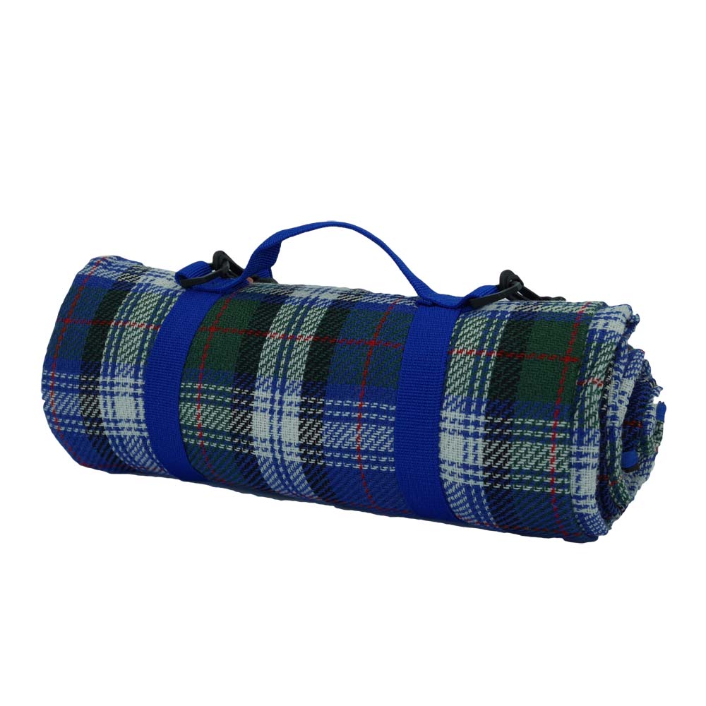 Classy tartan picnic rug with blue strap for easy transport