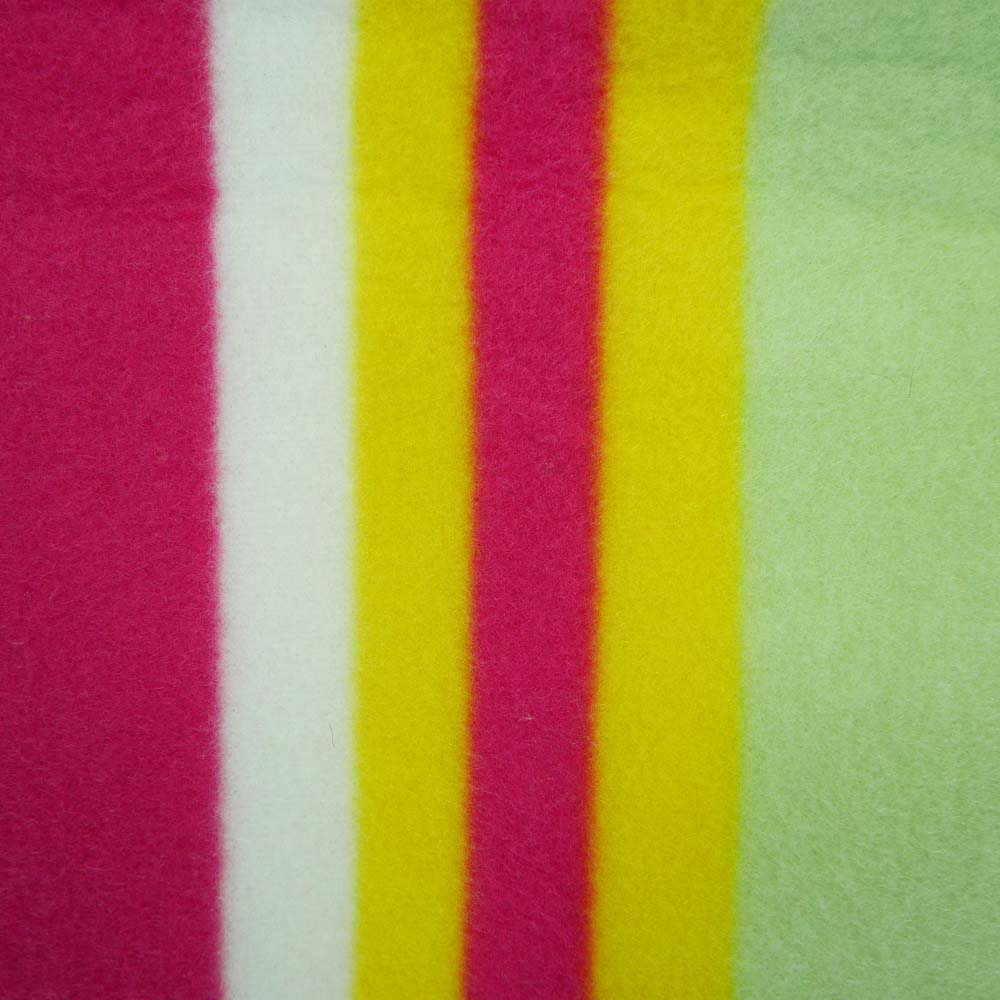 Close up pink, green and yellow striped picnic blanket